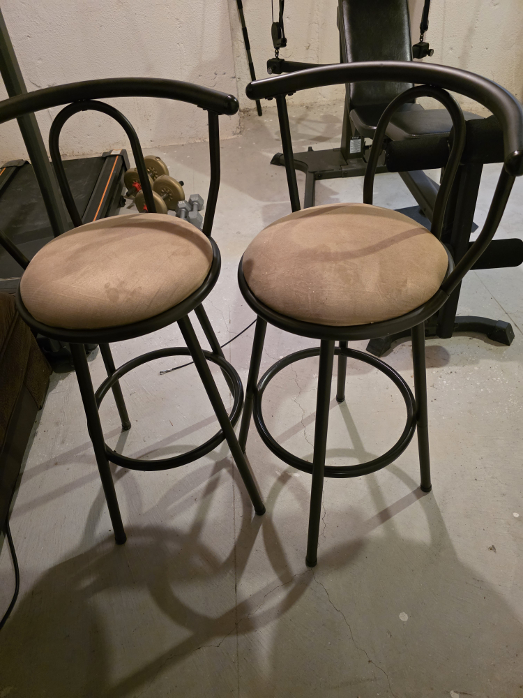 Pair of Black Metal Bar Stools with Tan Cushions