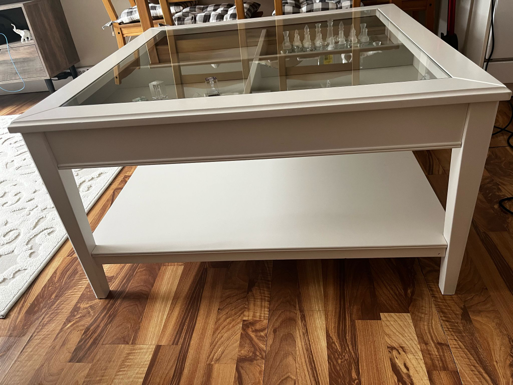 White Coffee Table with Glass Top and Storage