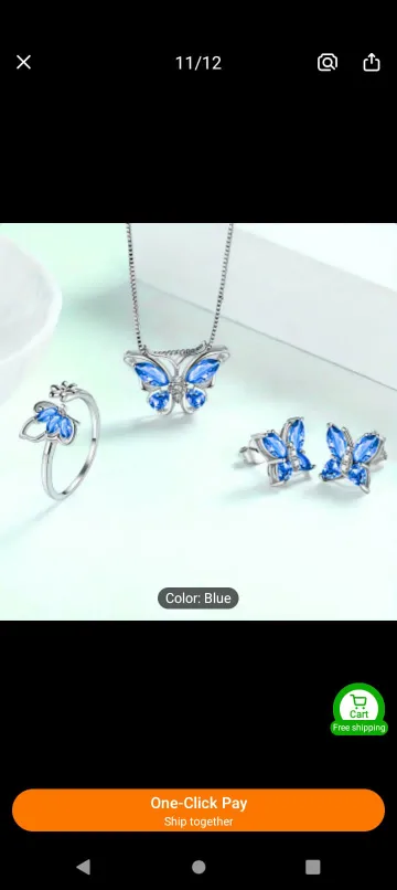 Blue Butterfly Jewelry Set - Necklace, Ring, Earrings thumbnail
