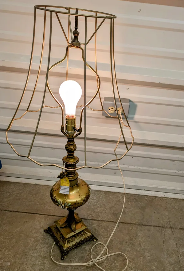 Vintage Table Lamp Ornate Base and Enamel Florals Wire Shade 🧡 image indicator(3)