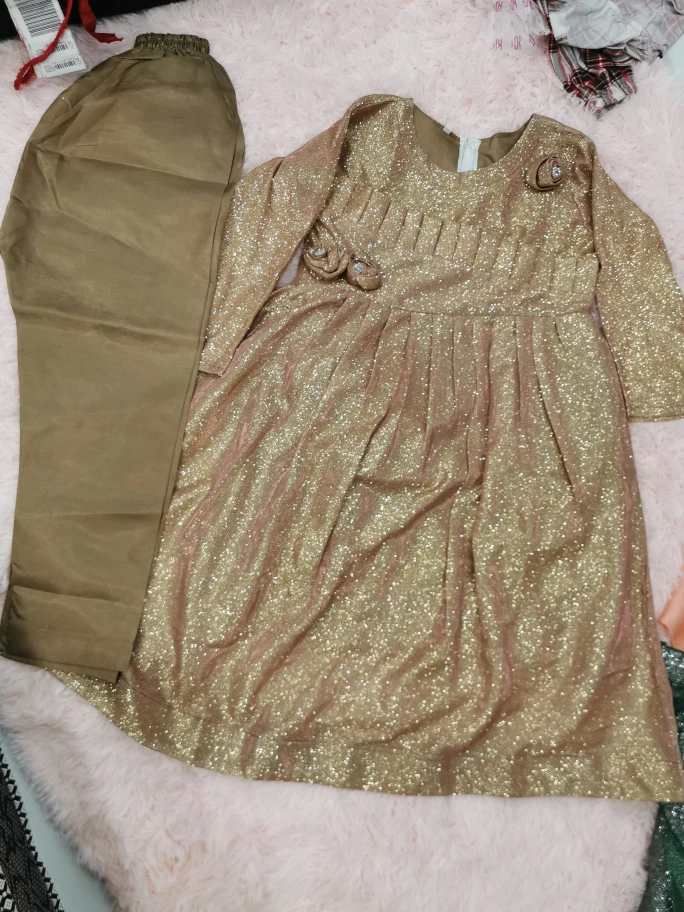 Girls' Rose Gold Glitter Dress and Pants Set - photo 2