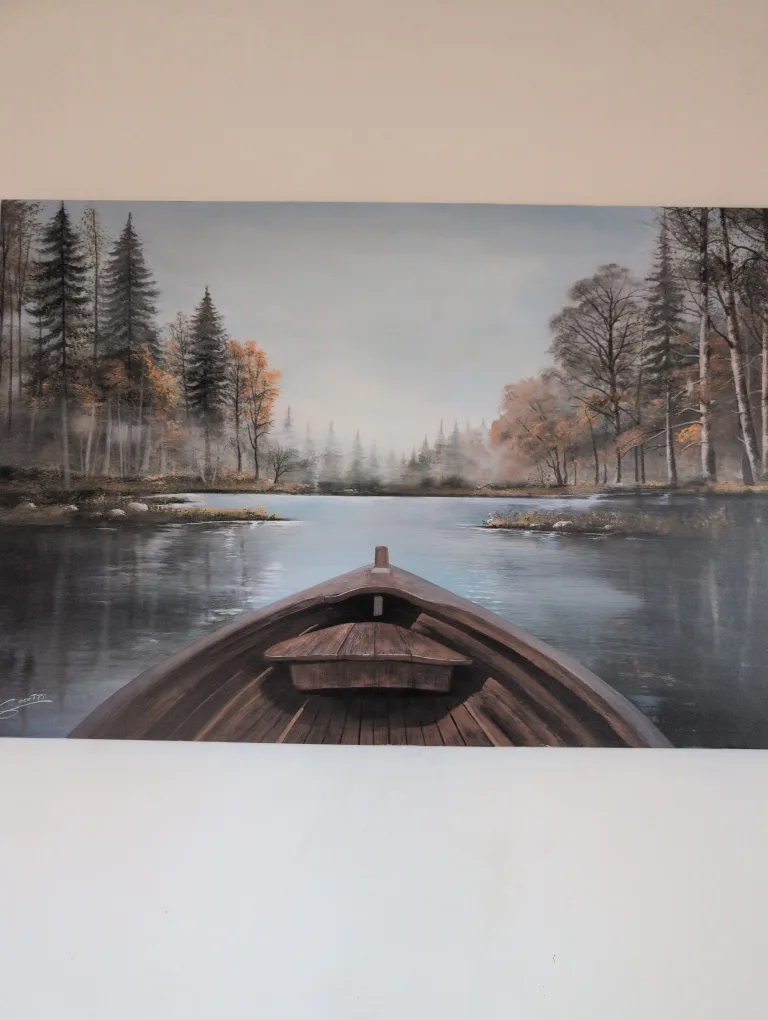 Autumn Lake Rowboat Canvas Painting