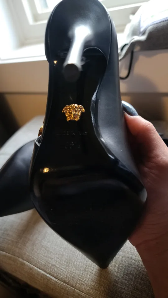 Authentic Versace Black Leather Safety Pin Heels image indicator(4)