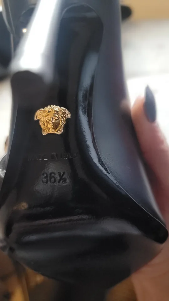 Authentic Versace Black Leather Safety Pin Heels image indicator(6)