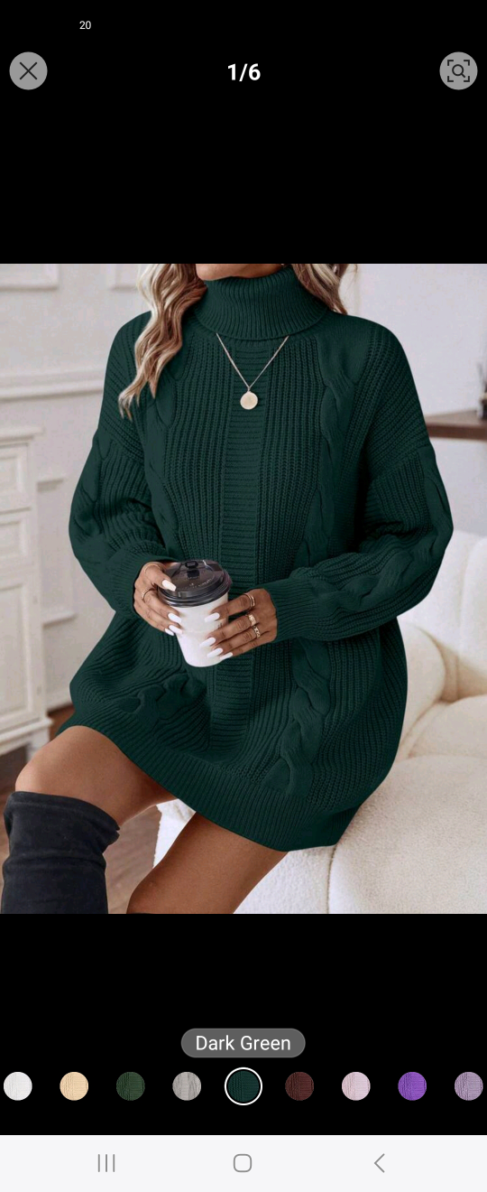 Women's Dark Green Cable Knit Turtleneck Sweater Dress