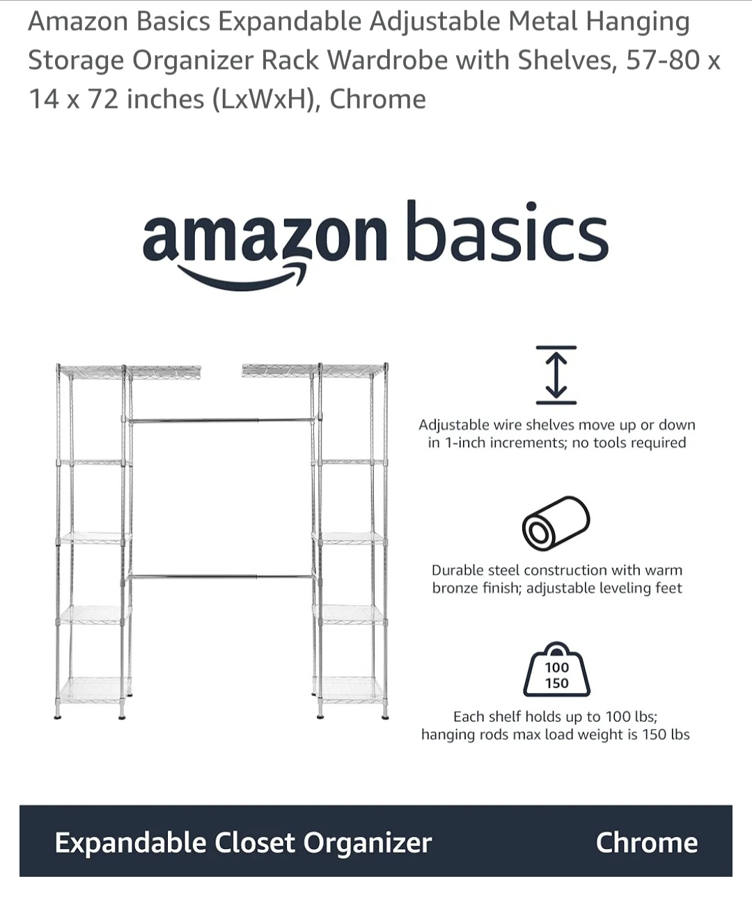 Amazon Basics Expandable Adjustable Metal Hanging Wardrobe