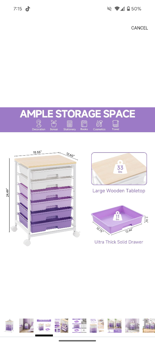 Rolling Storage Cart with 6 Drawers and Wooden Top - photo 3
