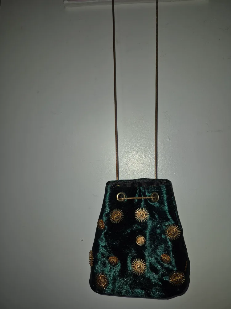 Emerald Green Velvet Bucket Bag with Gold Accents image indicator(2)