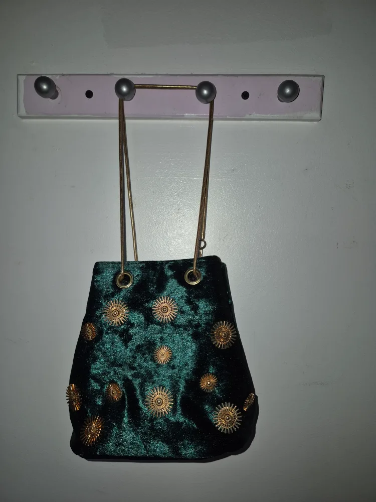 Emerald Green Velvet Bucket Bag with Gold Accents image indicator(4)