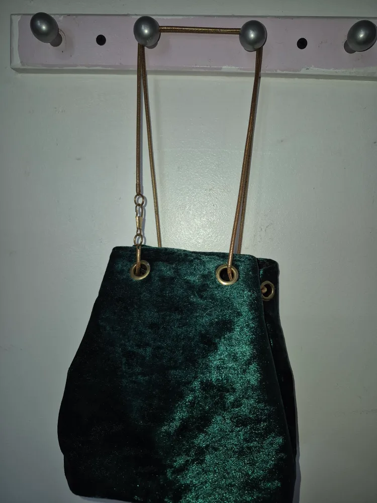 Emerald Green Velvet Bucket Bag with Gold Accents image indicator(5)
