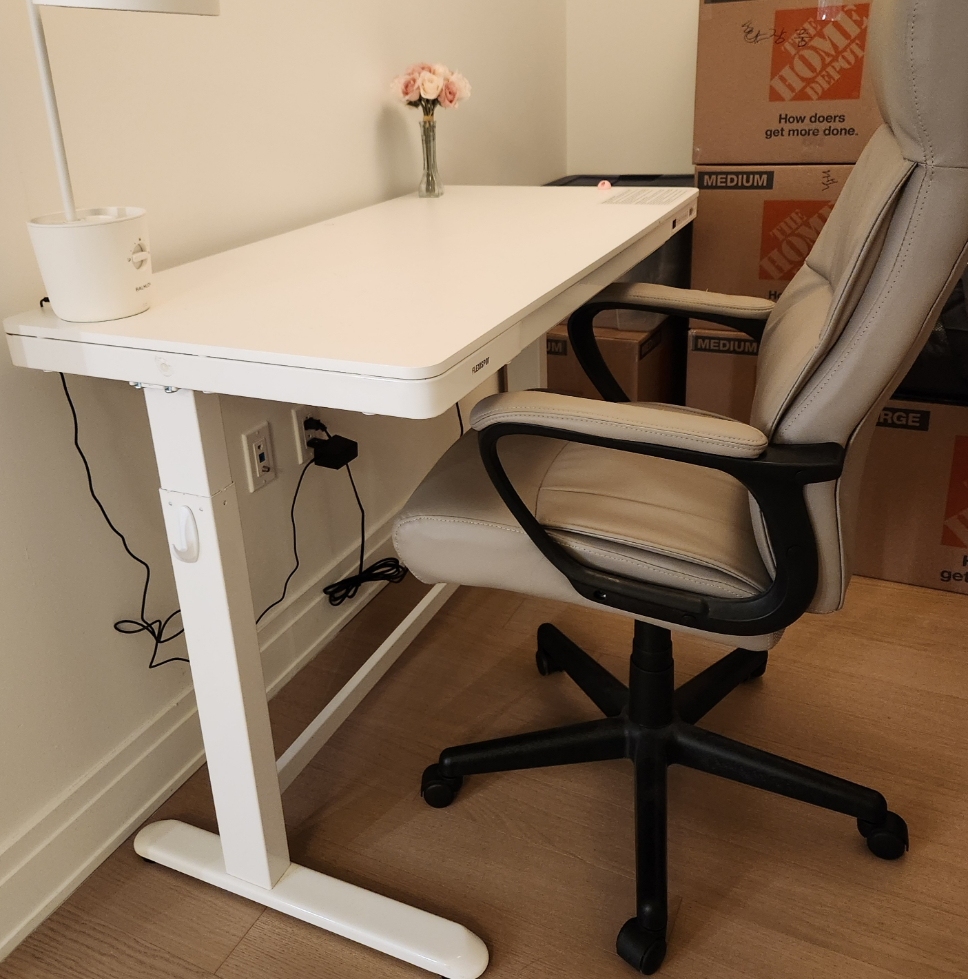 White Electric Standing Desk with Chair
