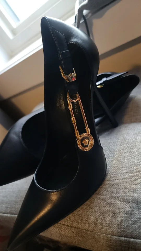 Authentic Versace Black Leather Safety Pin Heels image indicator(3)