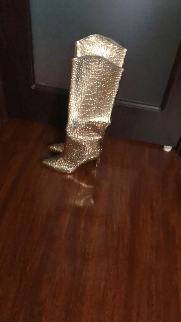 Gold Metallic Crocodile-Embossed Knee-High Boots thumbnail
