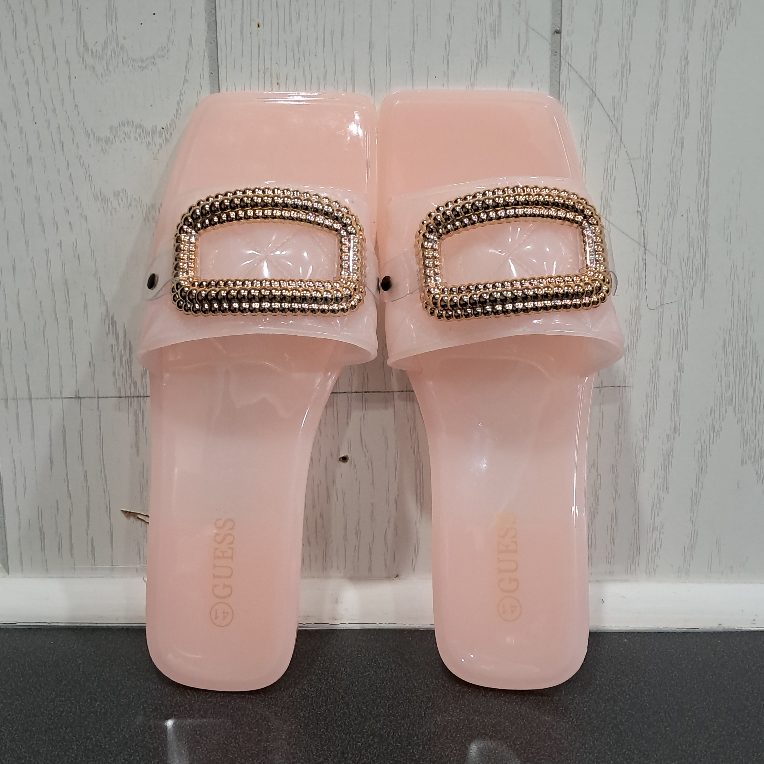 Pink Guess slides with gold buckle