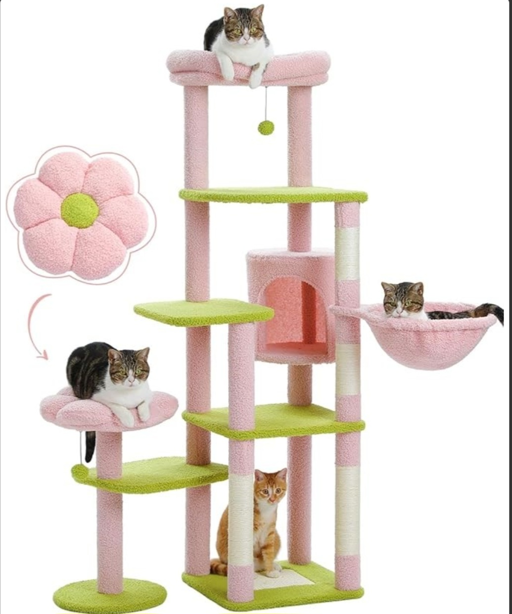 Pink and Green Cat Tree with Flower-Shaped Platforms