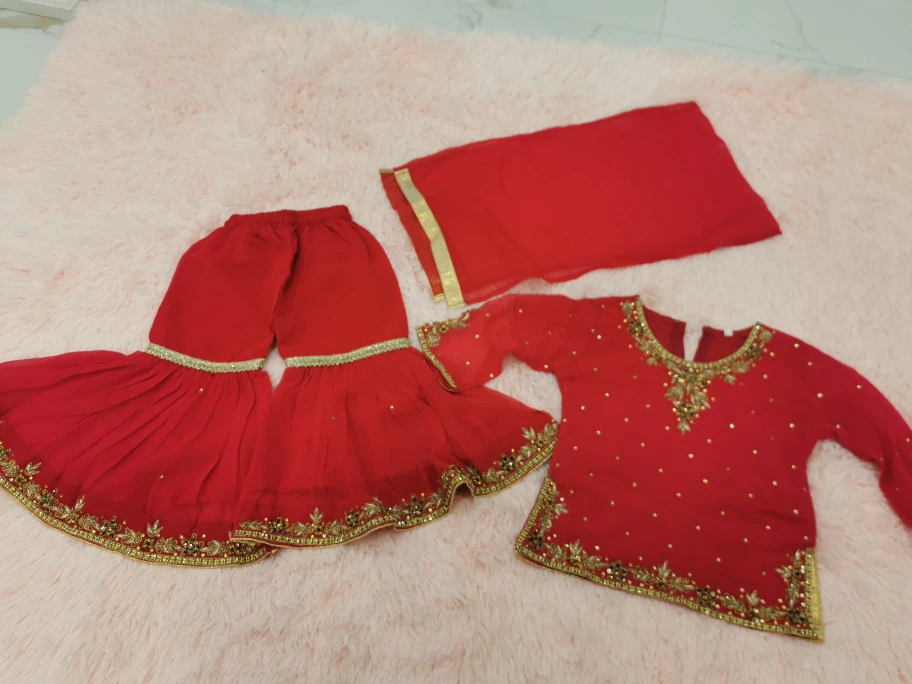Girls' Red Embroidered Sharara Suit