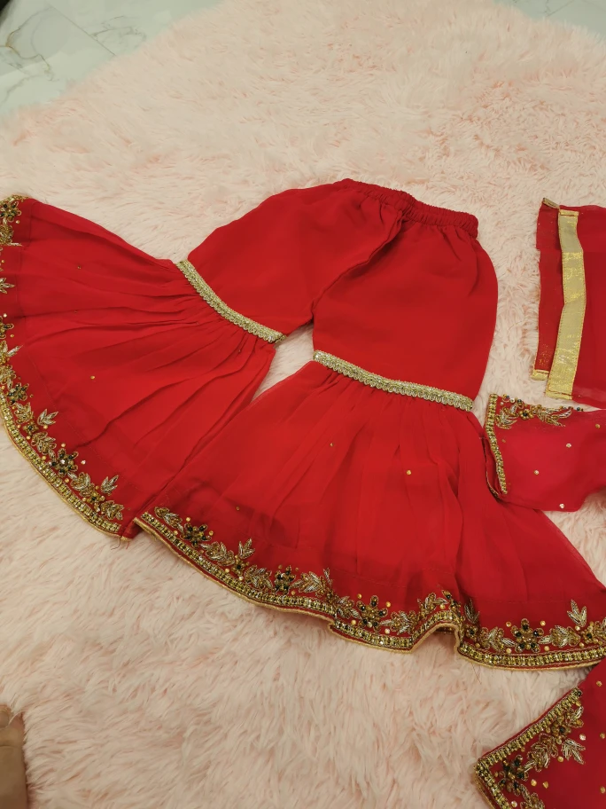 Girls' Red Embroidered Sharara Suit - photo 3