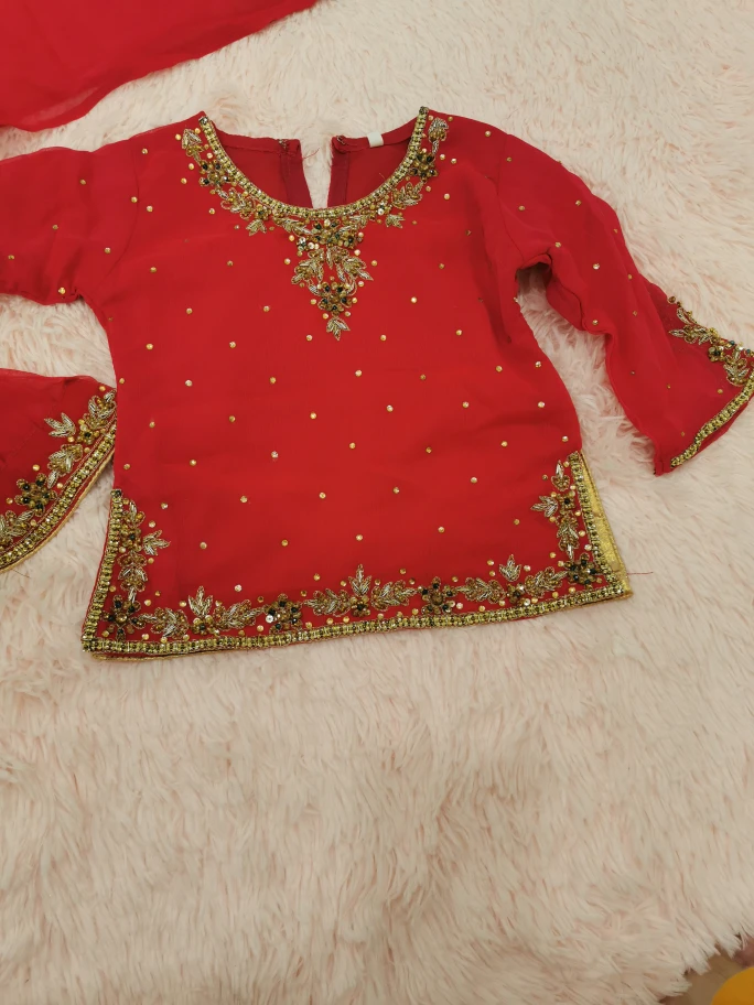 Girls' Red Embroidered Sharara Suit - photo 4