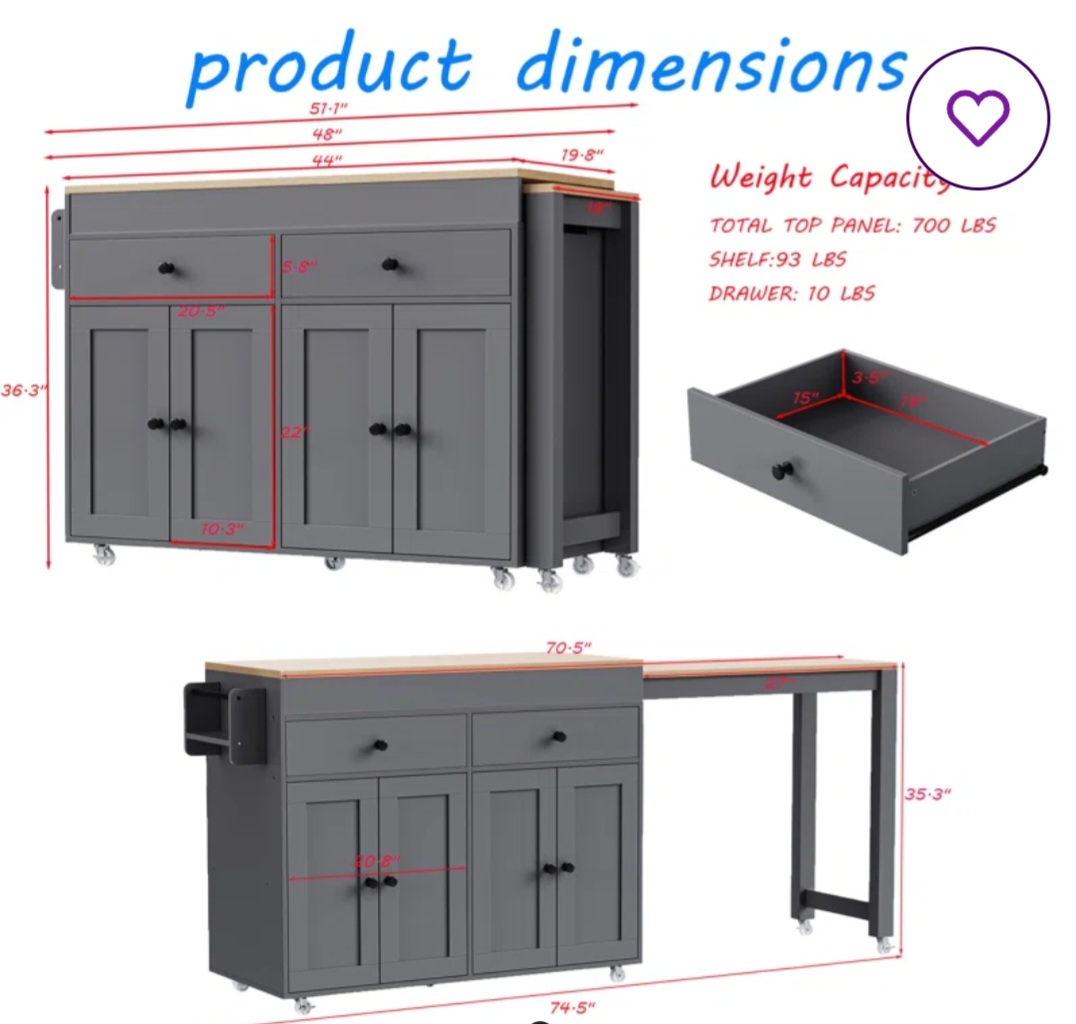 Kitchen Island with Storage and Expandable Countertop - photo 3