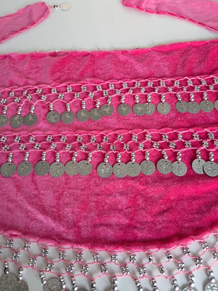 Pink Velvet Belly Dance Hip Scarf with Silver Coins image indicator(2)