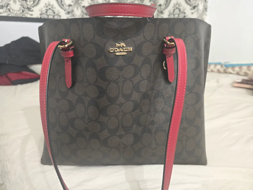 Coach Tote Bag - Brown Signature Canvas with Red Leather Accents thumbnail