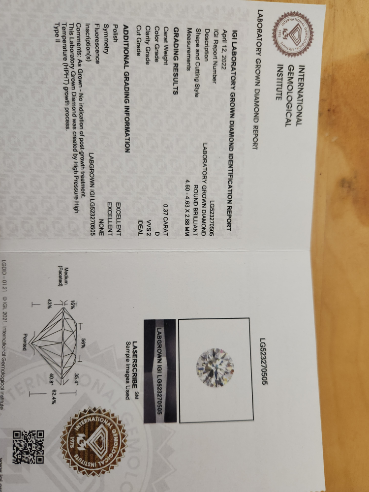 IGI Certified 0.37 Carat Lab Grown Diamond