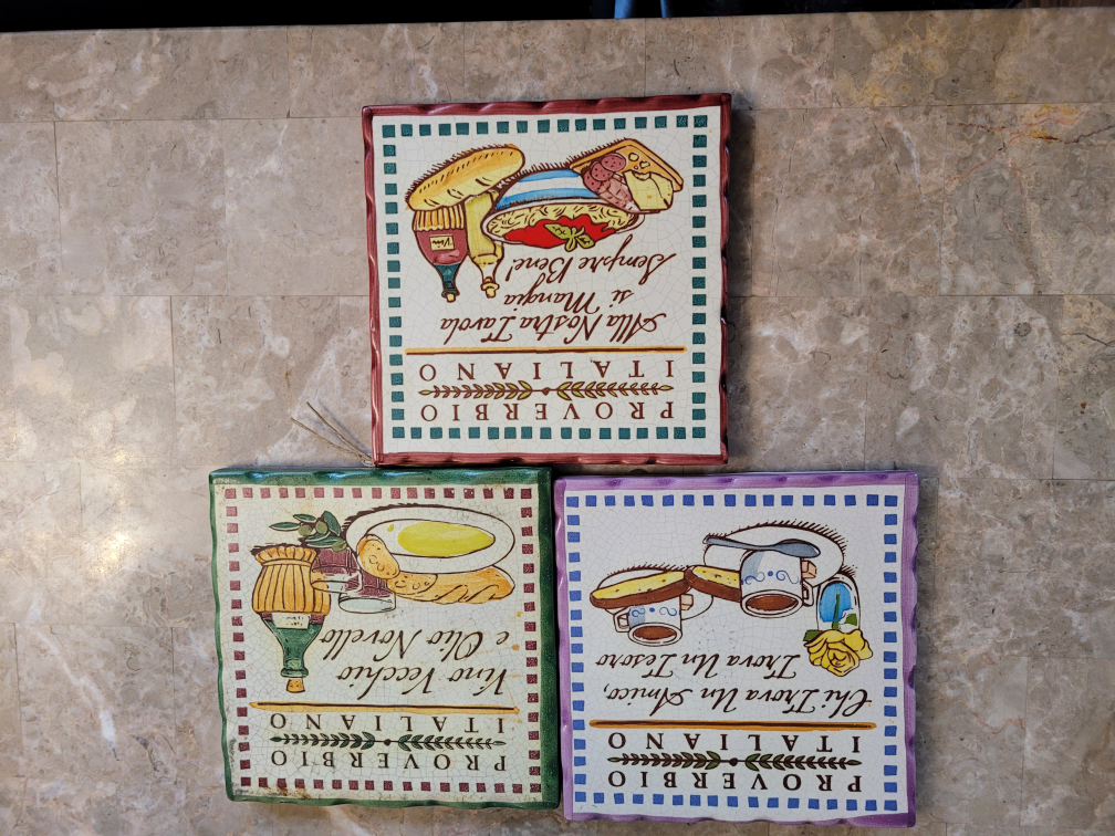 Set of three Italian proverb ceramic tiles