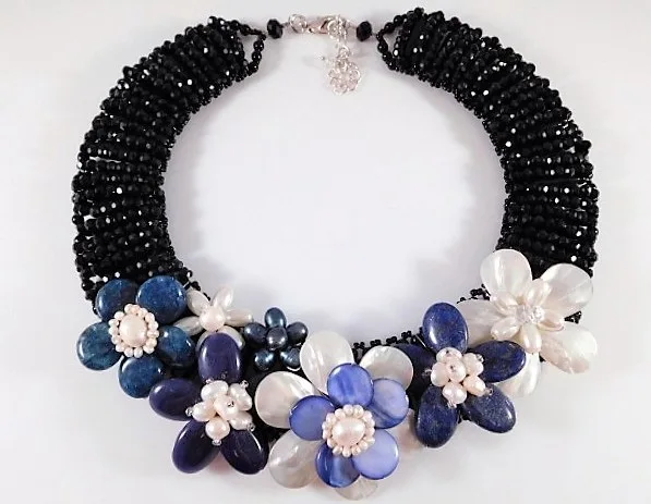 NEW Stunning Lapis Lazuli and Mother of Pearl Beaded Necklace thumbnail