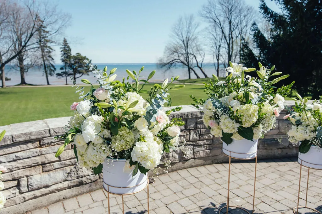 6 Gold Metal Plant Stands with Blue Planters image indicator(4)