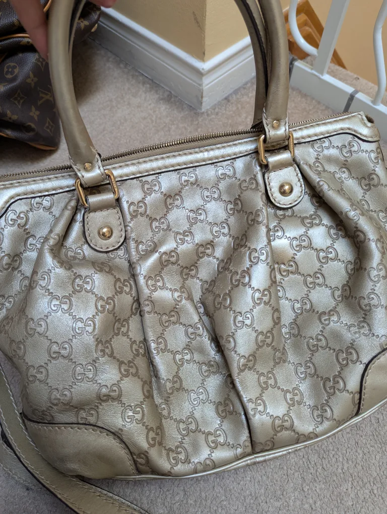 Authentic Gucci GG Monogram Metallic Gold Leather Handbag image indicator(9)