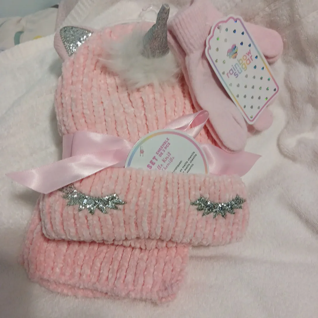 NEW 3pc set pink Unicorn winter knit hat, scarf, gloves set image indicator(5)