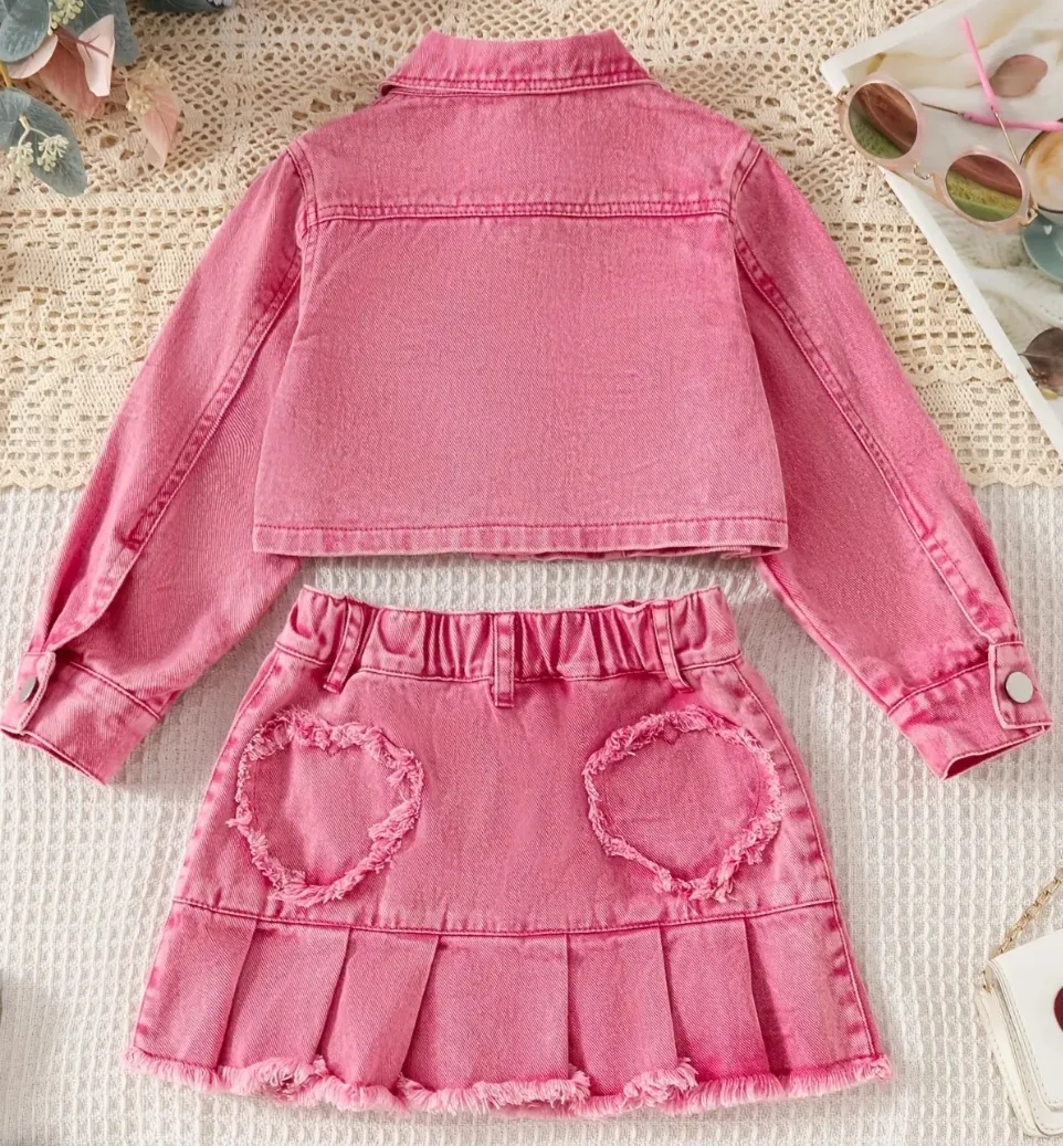 Pink Denim Jacket and Skirt Set for Girls image indicator(2)