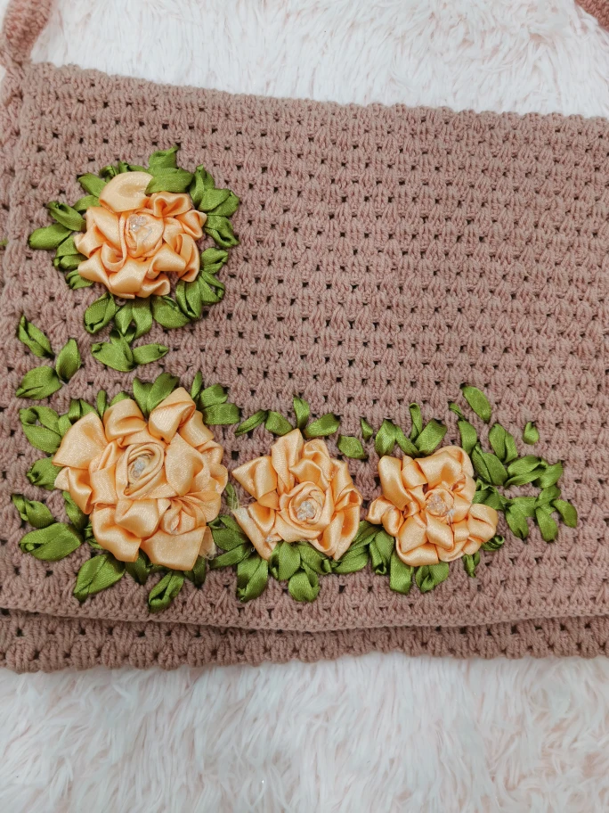 Handmade Crochet Shoulder Bag with Ribbon Embroidery - photo 4