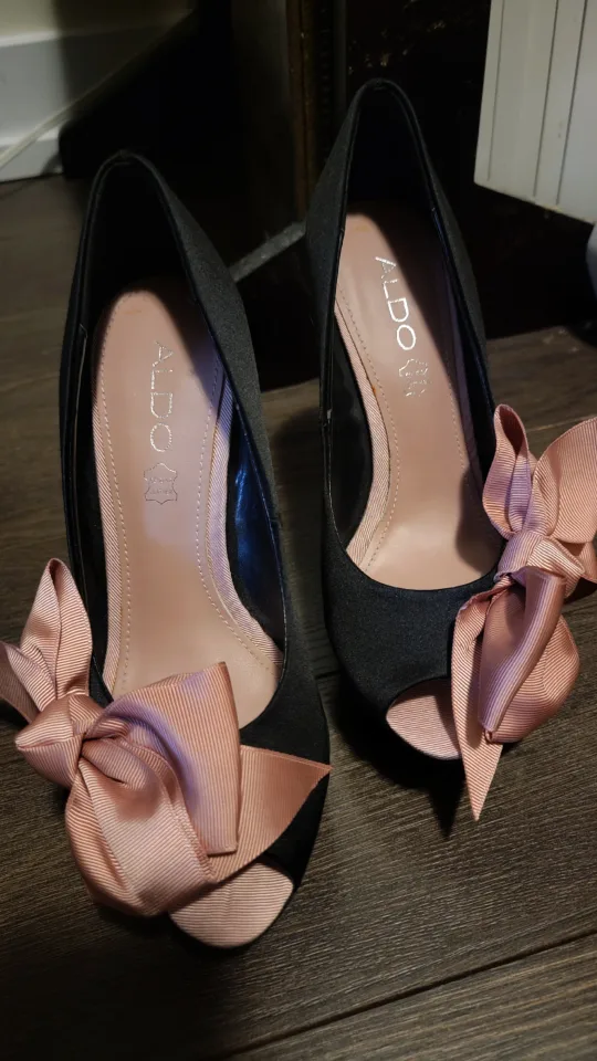 ALDO Black Satin open toe Heels with blush coloured Bow image indicator(2)