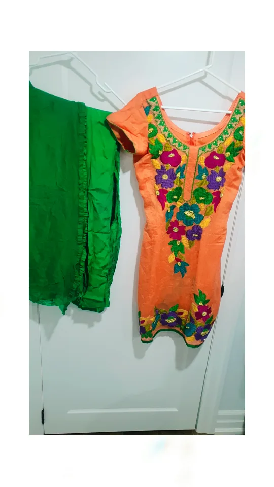 Peach and Green Punjabi Suit with Floral Embroidery image indicator(2)