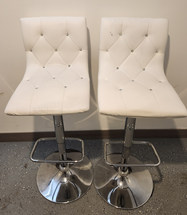 Pair of White Leather Bar Stools with Crystal Accents