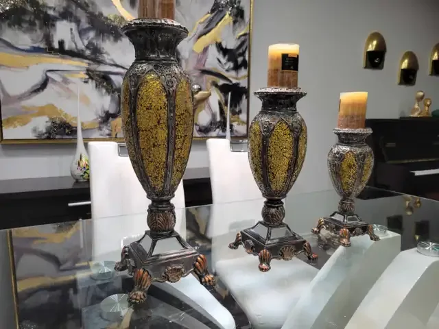 Set of Three Gold and Brown Mosaic Candle Holders image indicator(2)