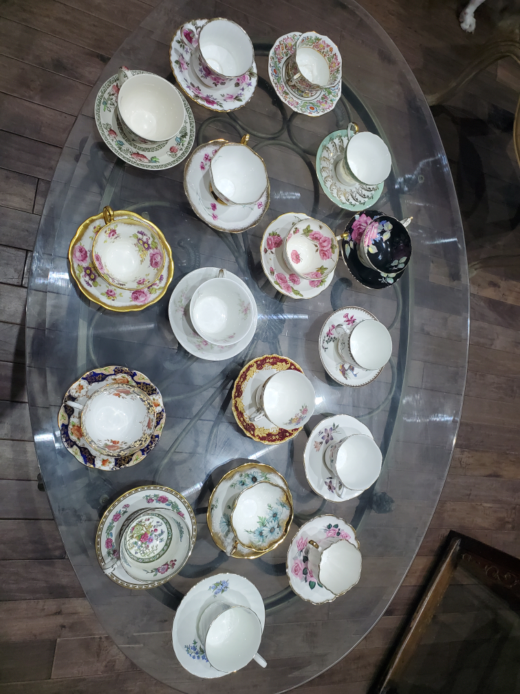 Collection of 18 Vintage Bone China Teacups and Saucers