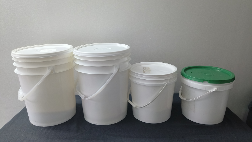 Four Plastic Buckets with Lids - Various Sizes