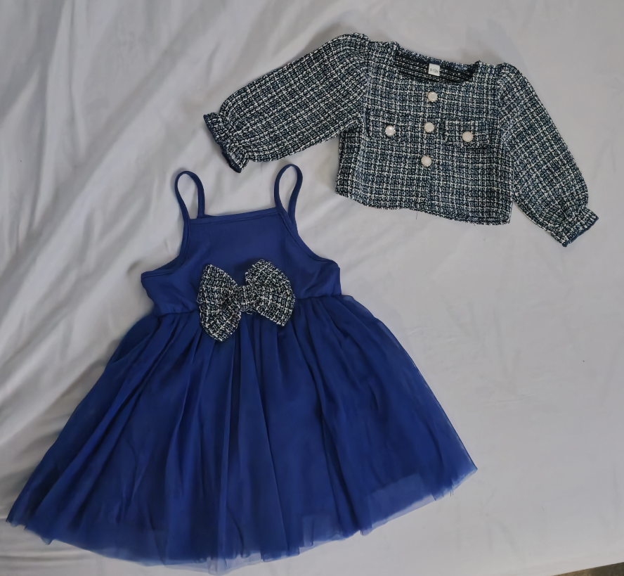Baby Girl's Blue Tulle Dress and Tweed Jacket Set with Bloomers