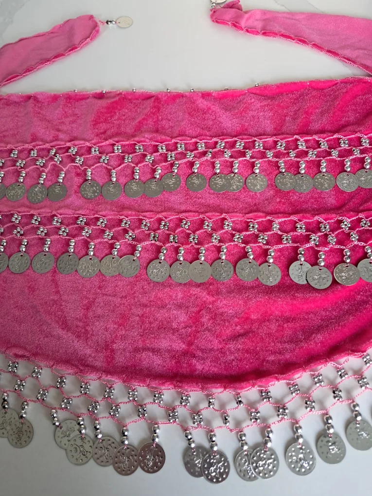 Pink Velvet Belly Dance Hip Scarf with Silver Coins image indicator(3)