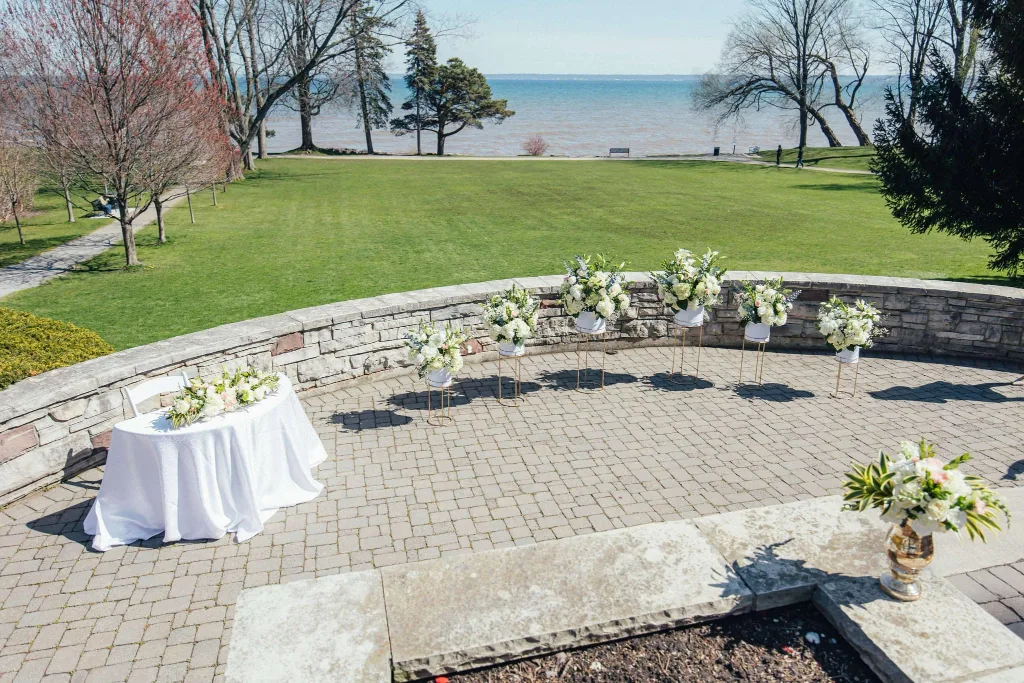 6 Gold Metal Plant Stands with Blue Planters image indicator(5)