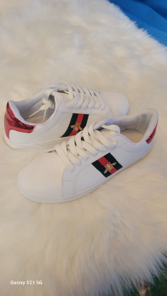 Women's White Leather Sneakers with Bee Detail