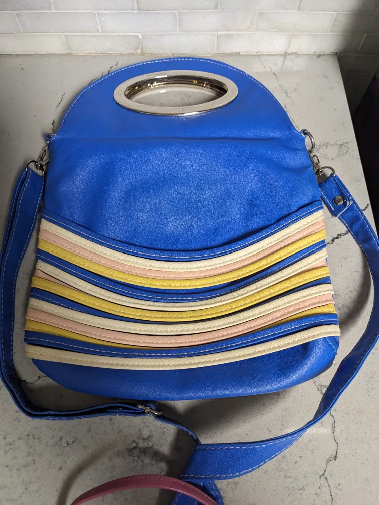 Vintage blue purse or hand bag with colourful padtel stripes image indicator(2)