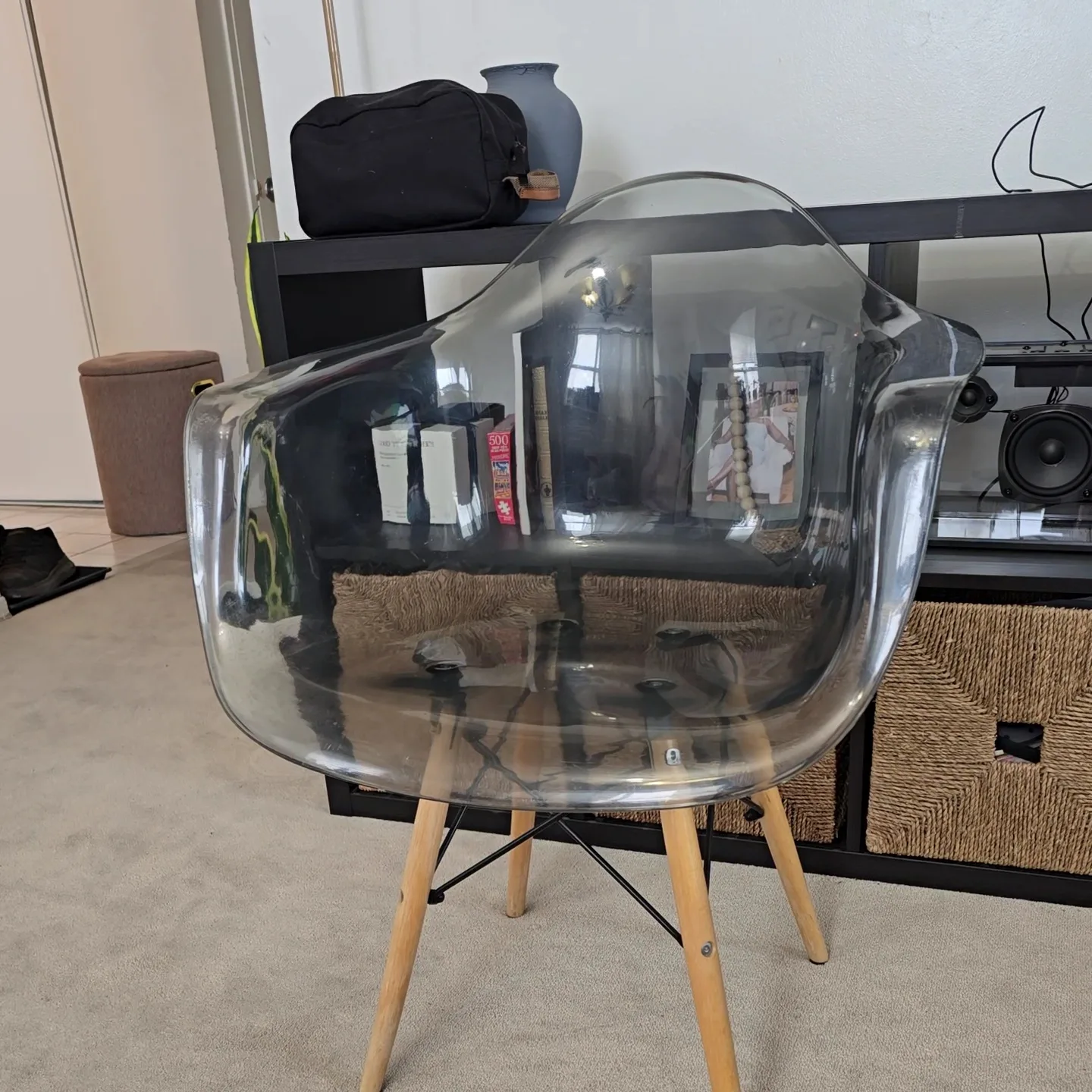 Smoked Grey Plastic Armchair with Wooden Legs image indicator(6)