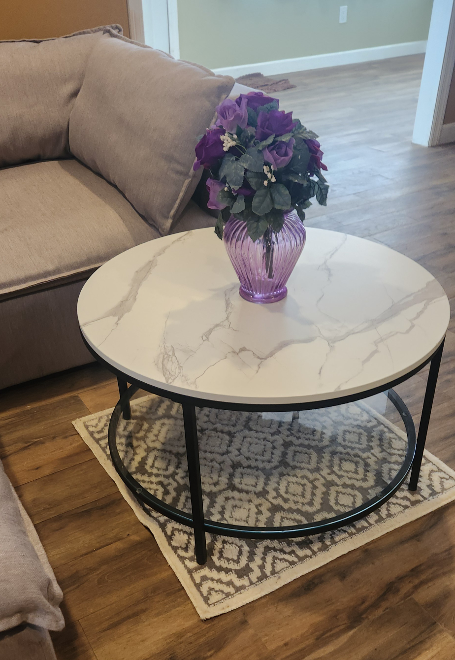 Round Coffee Table with faux Marble Top and Glass Shelf