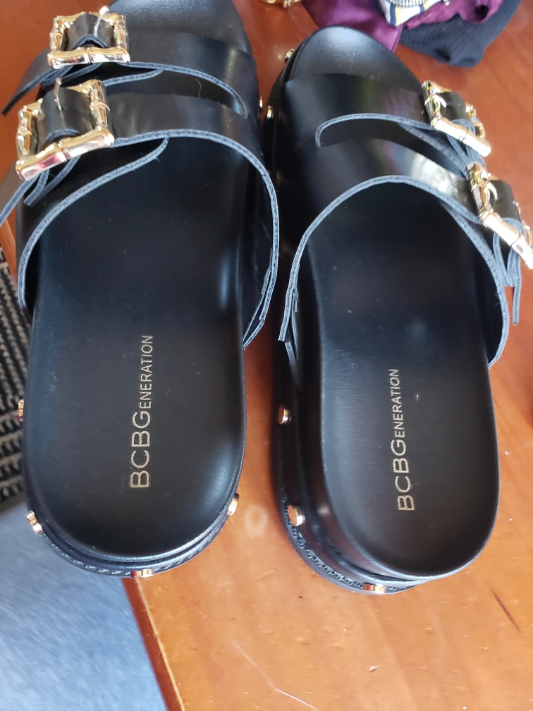 BCBGGeneration Black Leather Double Buckle Sandals
