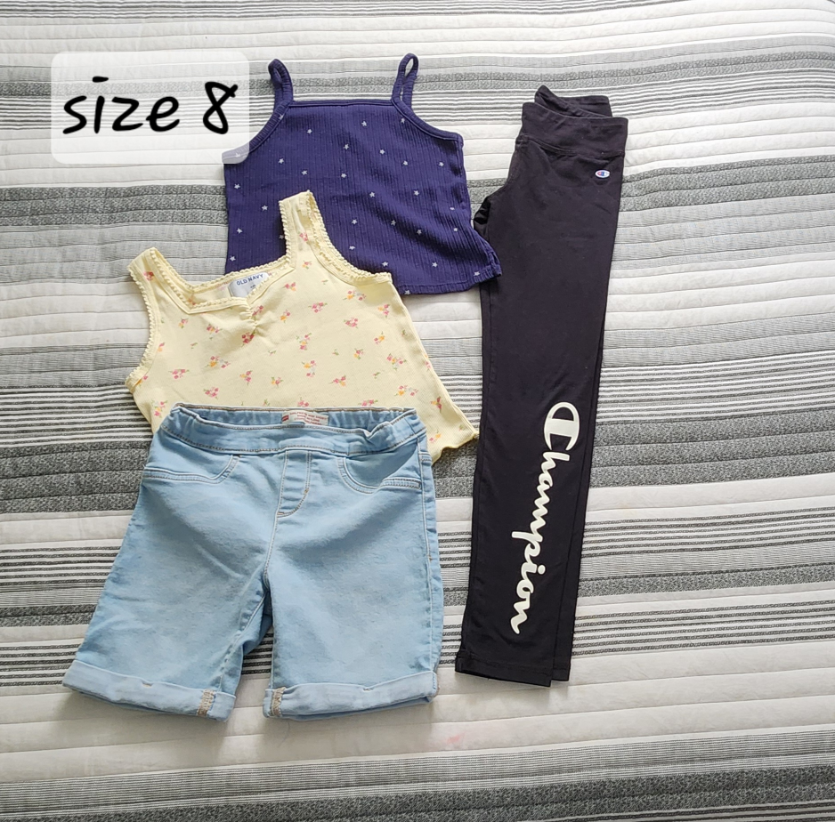 Girls Size 8 Clothing Bundle: 2 Tanks, Jeans Shorts & Leggings