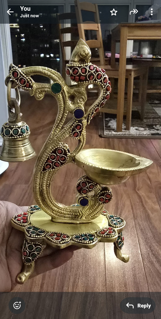 Pair of Ornate Brass Diya with Bells - photo 2