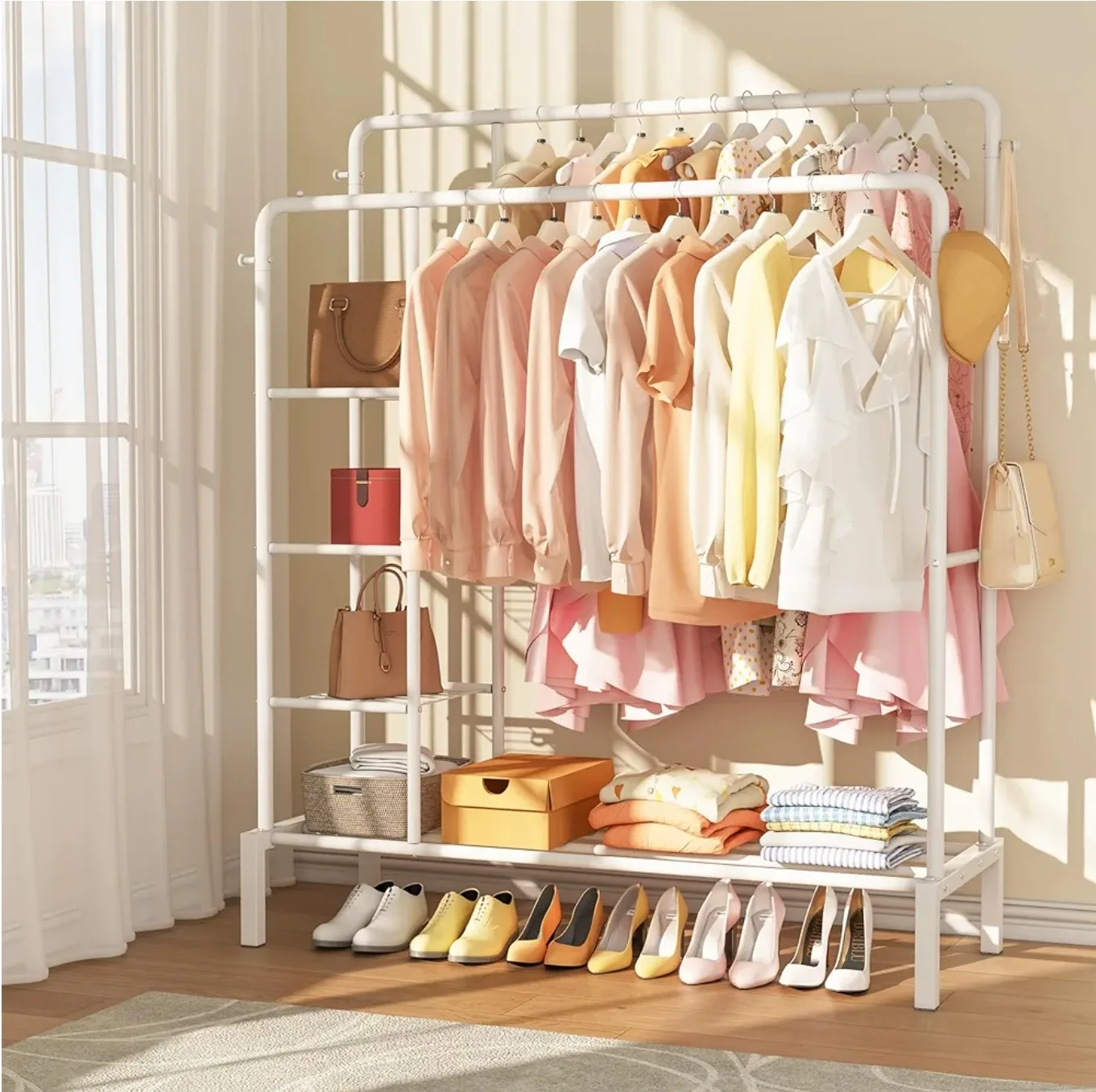 Double Rod Clothes Rack with Shelves image indicator(4)